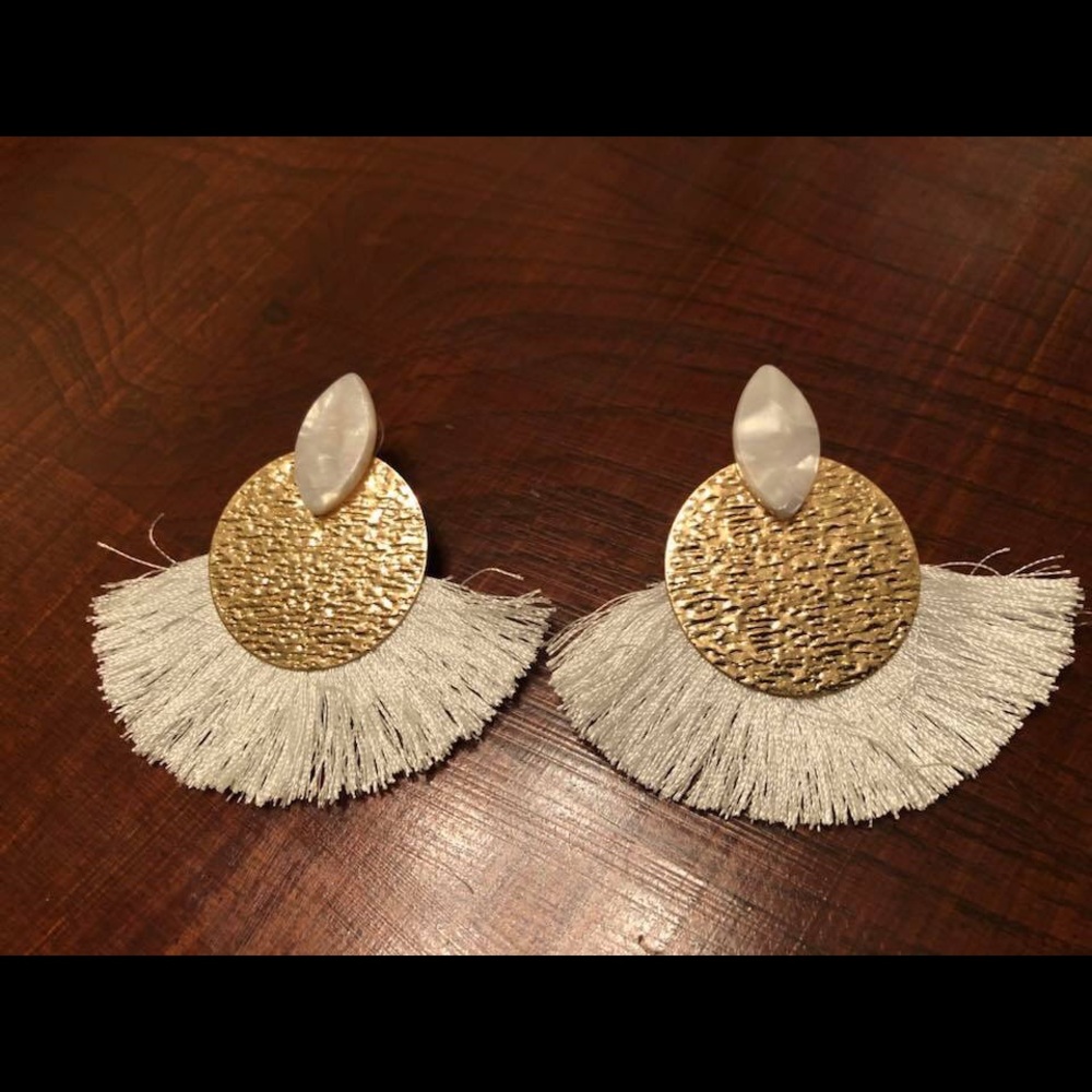 White and gold fringe dangle earrings
